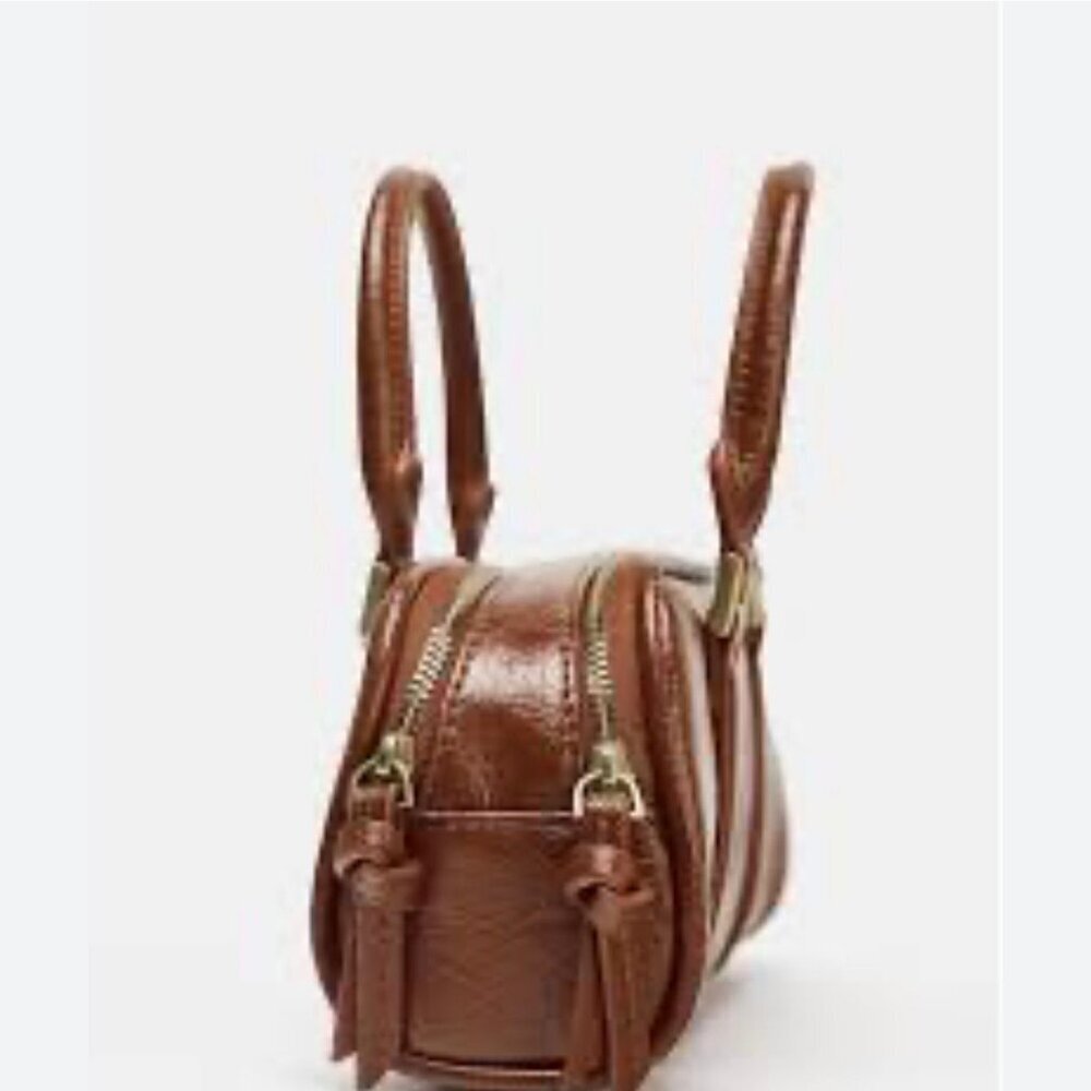 Zara Mini Leather Barrel Bag • Red Brown • Double Zip • Crossbody - Picture 2 of 9